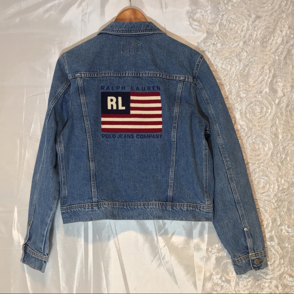 Polo Ralph Lauren Trucker Faded Denim Long Sleeve Embroidered Flag Jacket Sz XL